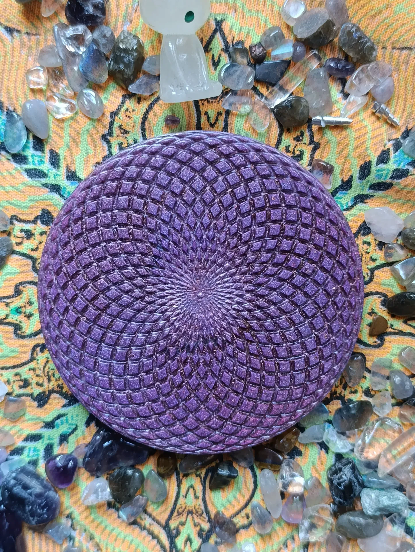 🌀 Large plateau toroïdale orgonite Triskelion & Tensor Ring phosphorescent Lotus de cristal  🌀