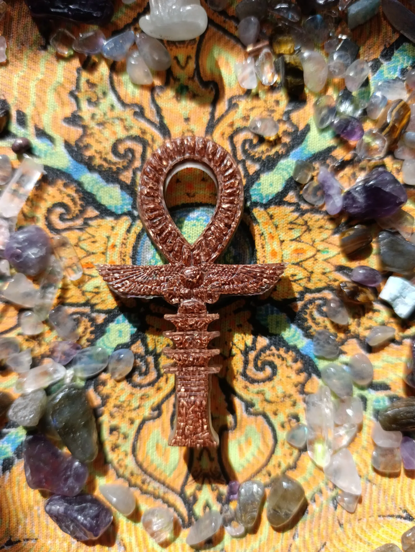 Amulette Clef de Vie Égyptienne cuivré Osiri/Isis/Djed Orgonite