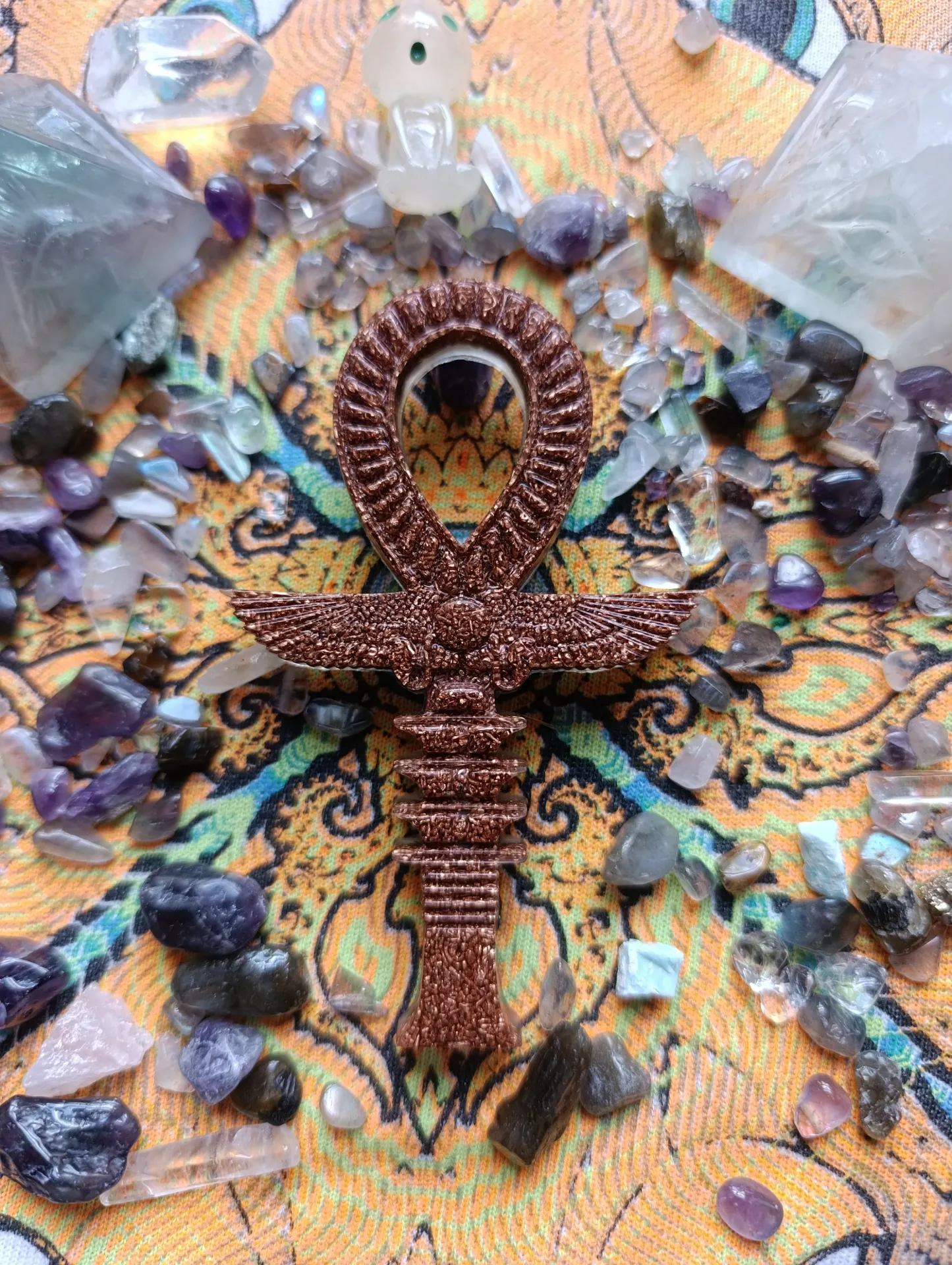Amulette Clef de Vie Égyptienne cuivré Osiri/Isis/Djed Orgonite